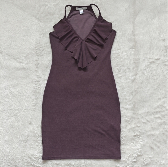 STREETWEAR Society Small Purple Sleeveless V-Neck Ruffle Neckline Bodycon Dress - Picture 2 of 6